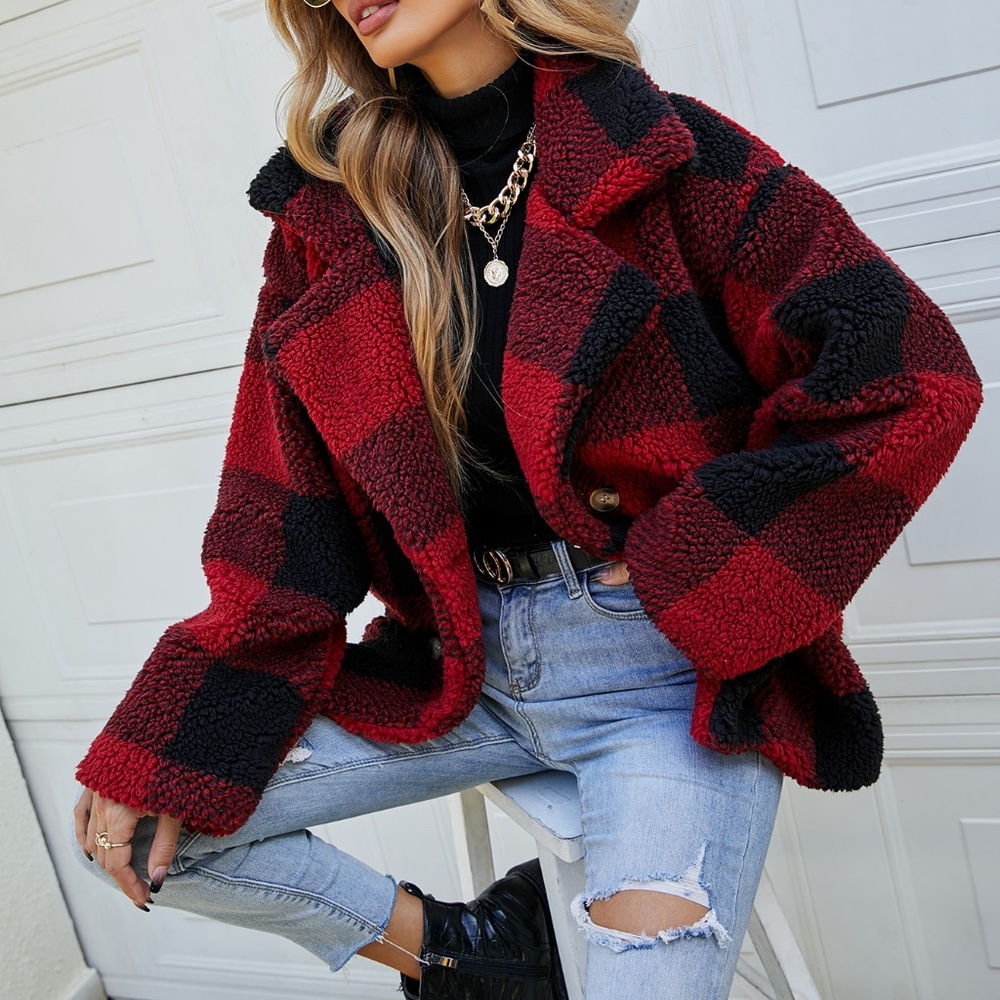 Red Black Plaid Teddy Button Minimalist Jacket Coat - Picture 4 of 4